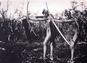 Two hunters with bows and arrows